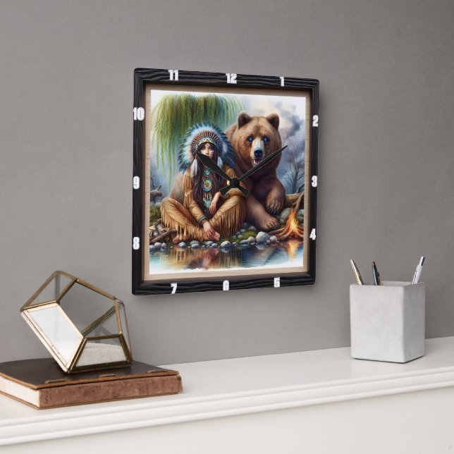 Inbyggd indisk kvinnlig björnharmoni fyrkantig klocka (Kontor)