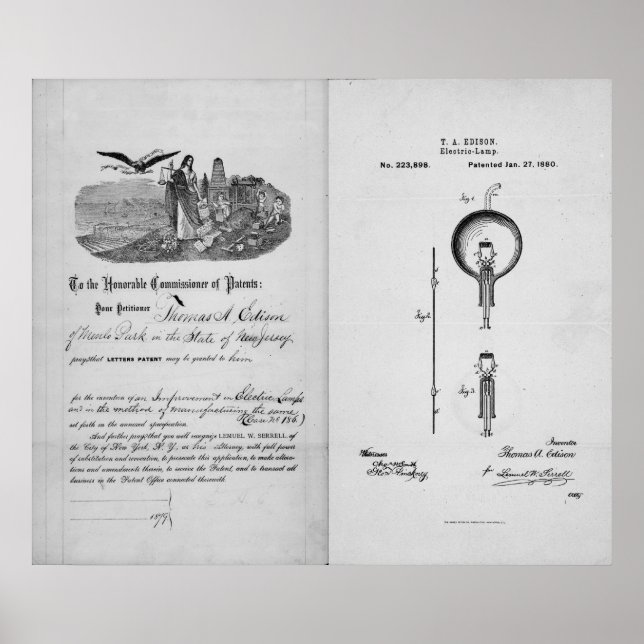 Incandescent Light Bulb by Thomas Edison Patent Poster (Framsidan)