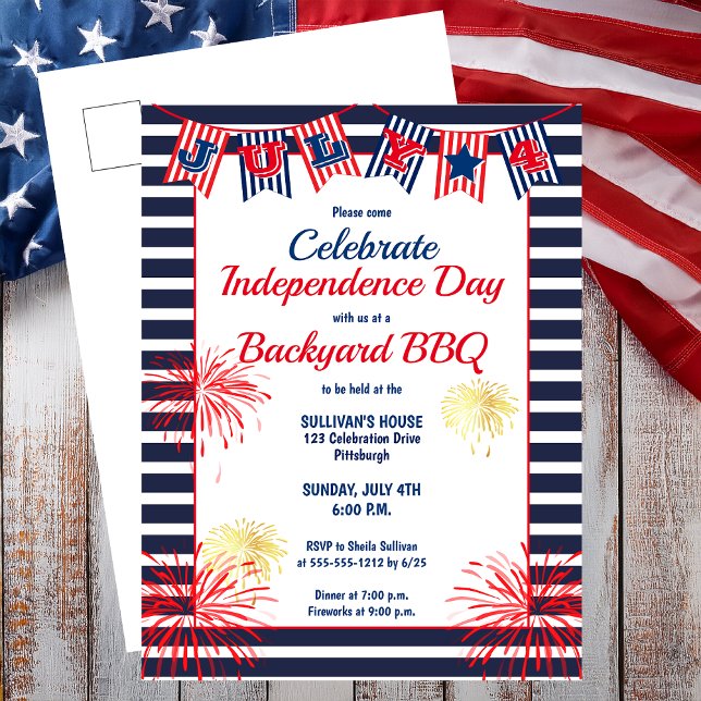 Independence day 4:e bankbakgården, BBQ in Vykort (Independence Day July 4th Bunting Backyard BBQ Postcard Invitation)