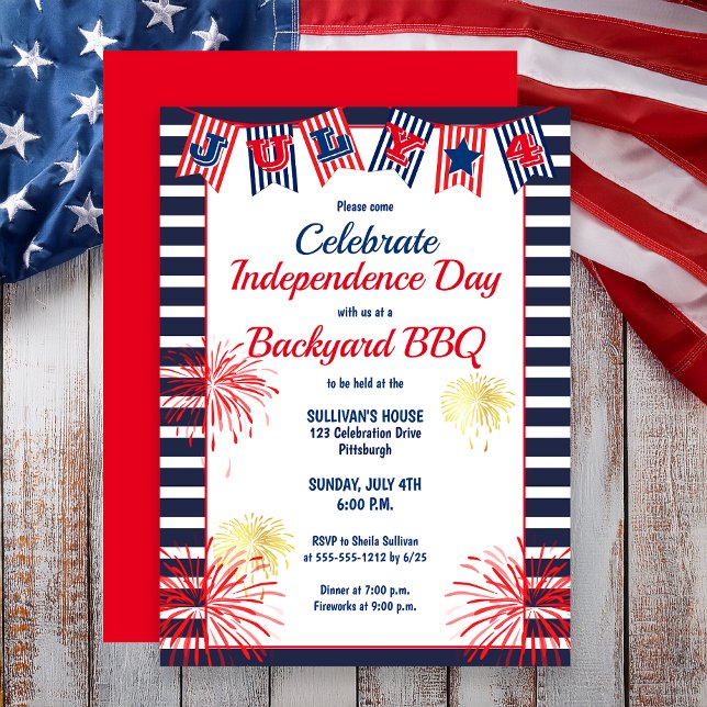 Independence day 4:e bankbakgården, BBQ Inbjudningar (Independence Day July 4th Bunting Backyard BBQ Invitation)