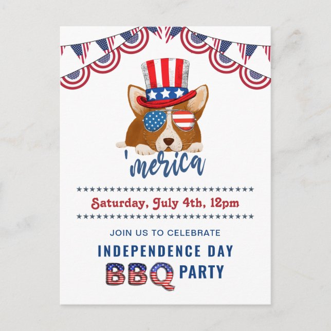 Independence day American Flagga Corgi BBQ Party Inbjudan Vykort (Framsida)