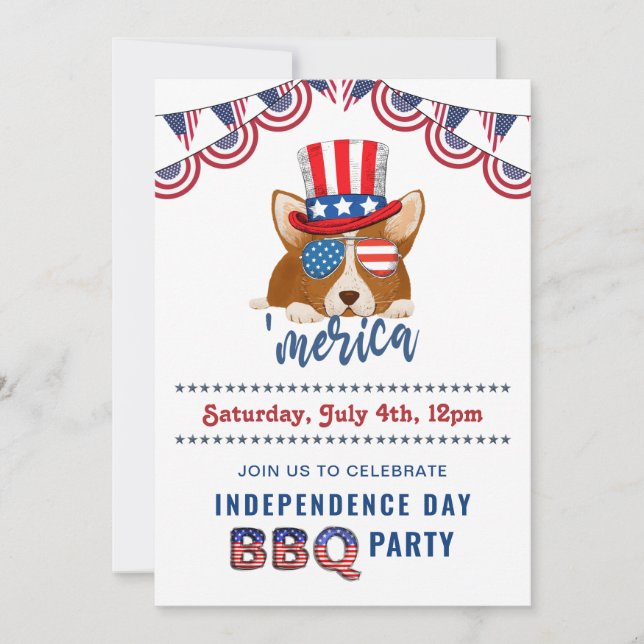 Independence day American Flagga Corgi BBQ Party Inbjudningar (Framsida)