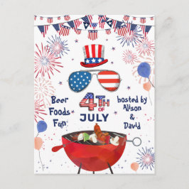Independence day American Flagga Fireworks BBQ Par Inbjudan Vykort