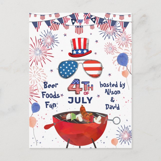 Independence day American Flagga Fireworks BBQ Par Inbjudan Vykort (Framsida)