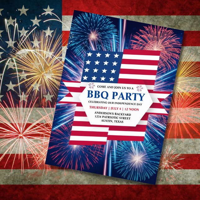 Independence day BBQ 4:e juli Fireworks Party Inbjudningar (4th of July BBQ party Invitation)