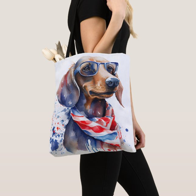 INDEPENDENCE DAY DACHSHUND TOTE BAG TYGKASSE (Närbild)