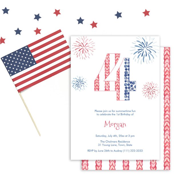 Independence day Fireworks 4e födelsedagen Party Inbjudningar (Independence Day Red White And Blue Fireworks 4th Birthday Party Invitation)