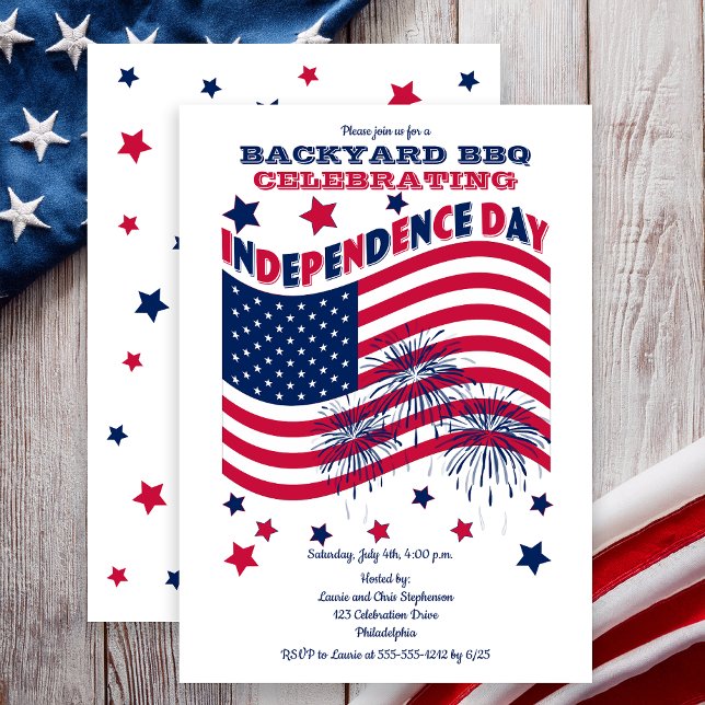 Independence day juli 4:e Party - Wave Flagga Inbjudningar (Backyard BBQ Celebrating Independence Day Waving Flag and Fireworks Party Invitation - Print | Digi)