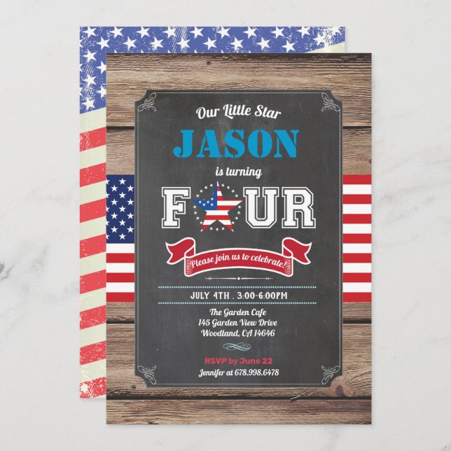 Independence day pojke 4e födelsedagen som vände F Inbjudningar (Fram/baksida)
