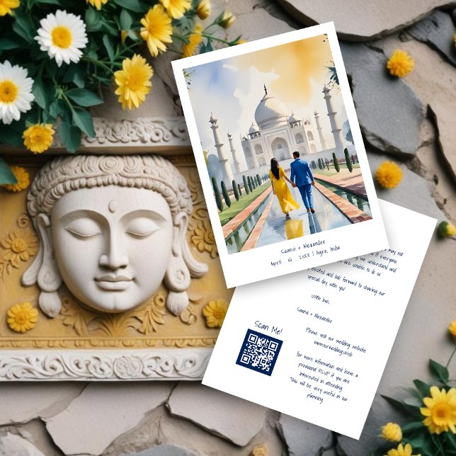 India Agra Taj Mahal Romantic Cityscape Wedding Co Spara Datumet (India Agra Taj Mahal Romantic Cityscape Wedding Couple Illustration Save the Dates Cards.)