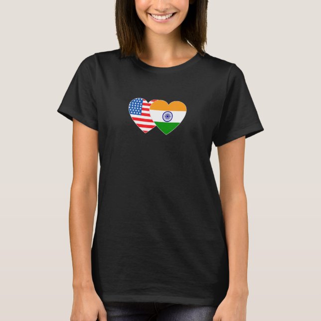 India and USA Flag Twin Heart for Indian Americans T Shirt (Framsida)