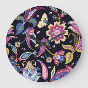 India Paisley Seamless Blommigt Ornament Stor Klocka