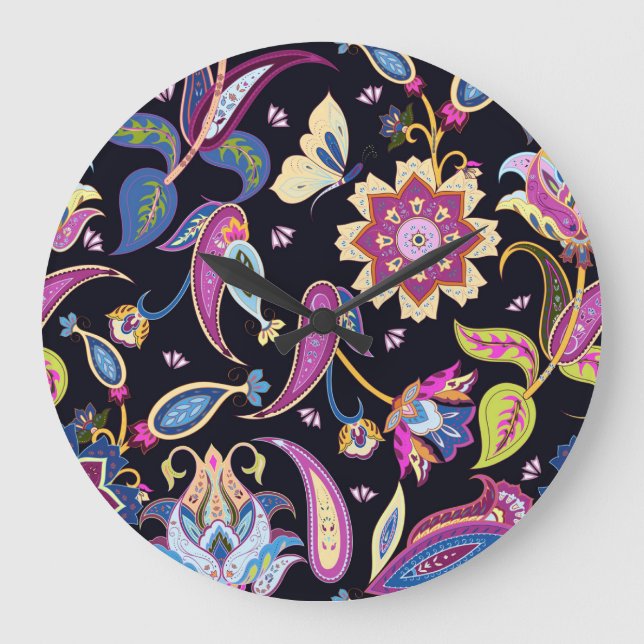 India Paisley Seamless Blommigt Ornament Stor Klocka (Framsida)