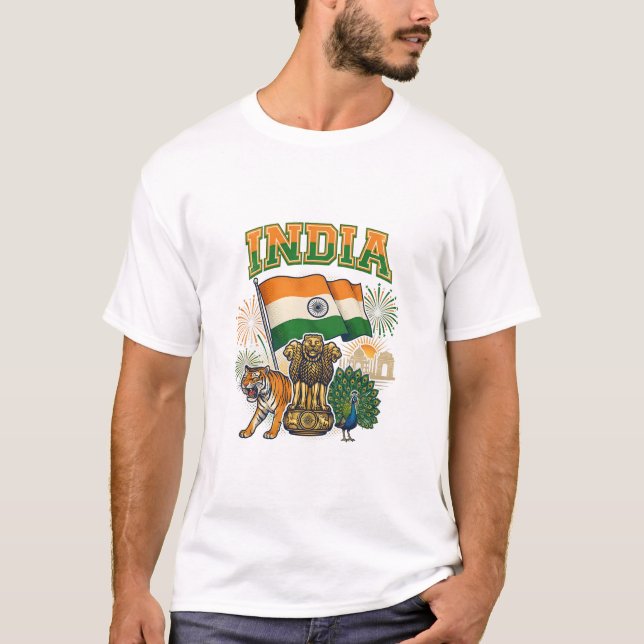 India Patriotic Flag and National Symbols Celebrat T Shirt (Framsida)