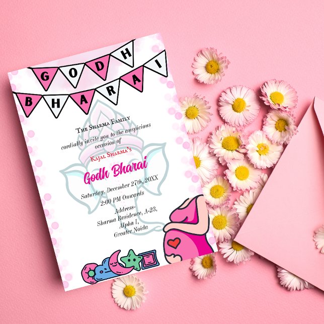 Indian Baby Shower Godh Bharai Hindu Rosa Inbjudningar (Skapare uppladdad)