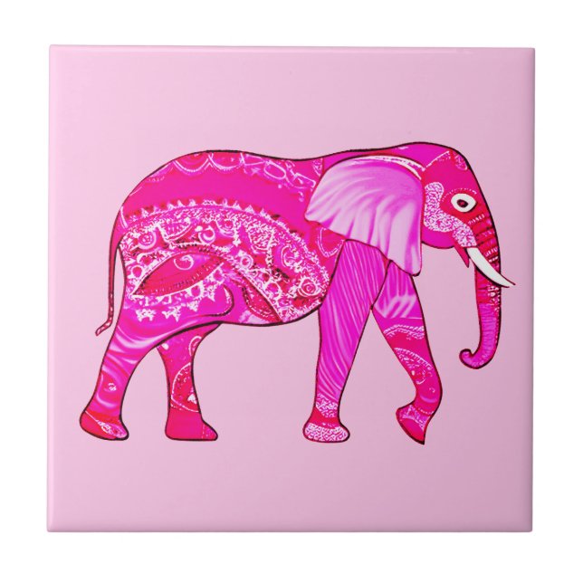 Indian Elephant in a Fuchsia Rosa Arabesque Patter Kakelplatta (Framsidan)