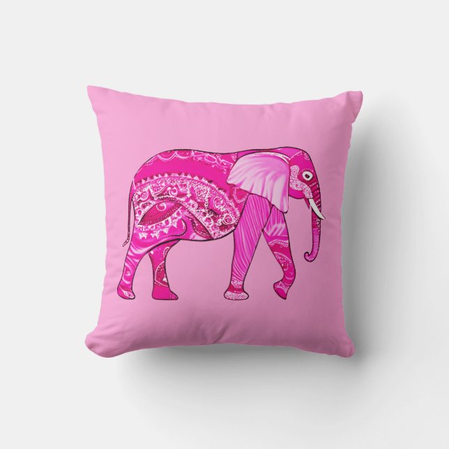 Indian Elephant in a Fuchsia Rosa Arabesque Patter Kudde (Framsida)