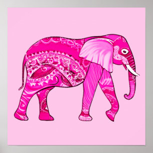 Indian Elephant in a Fuchsia Rosa Arabesque Patter Poster
