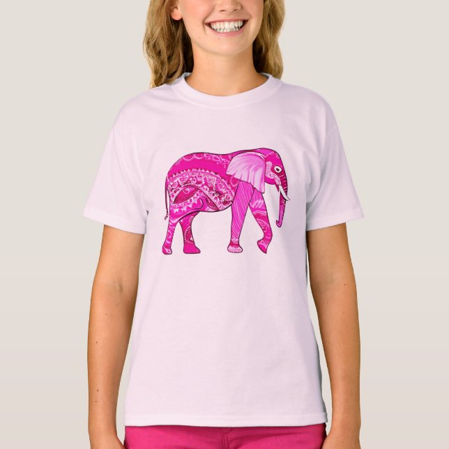 Indian Elephant in a Fuchsia Rosa Arabesque Patter T Shirt (Framsida)
