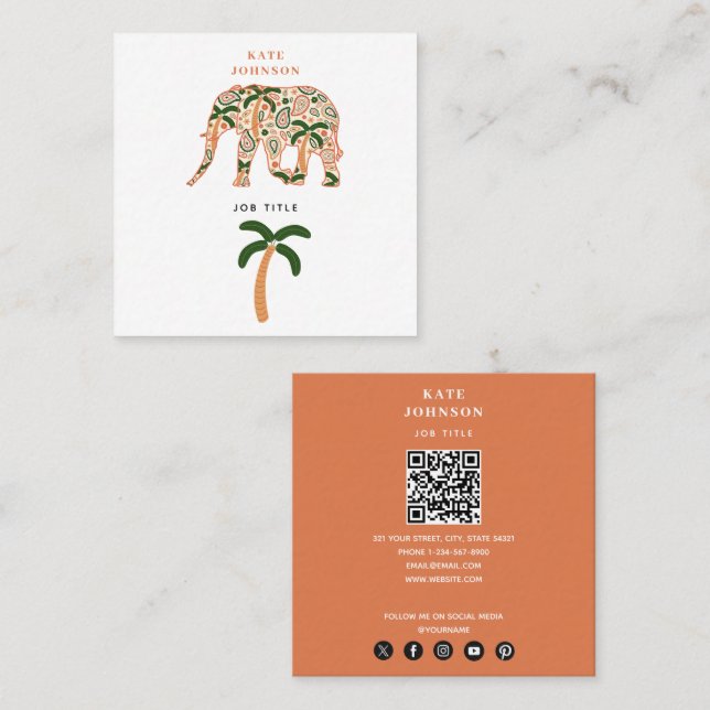 Indian Floral Paisley Ornate Elephants Fyrkantigt Visitkort (Fram/baksida)