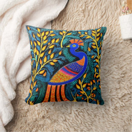 Indian Gond Art Peacock Black | Art i Indien Kudde