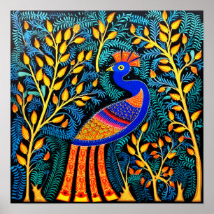 Indian Gond Art Peacock Black Art i Indien Poster