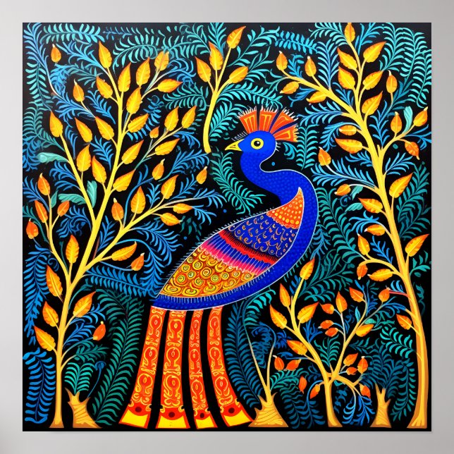 Indian Gond Art Peacock Black | Art i Indien Poster (Framsidan)