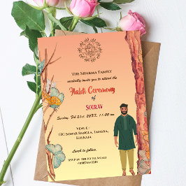 Indian Hindu Groom Haldi Ceremony Butterfly Inbjudningar