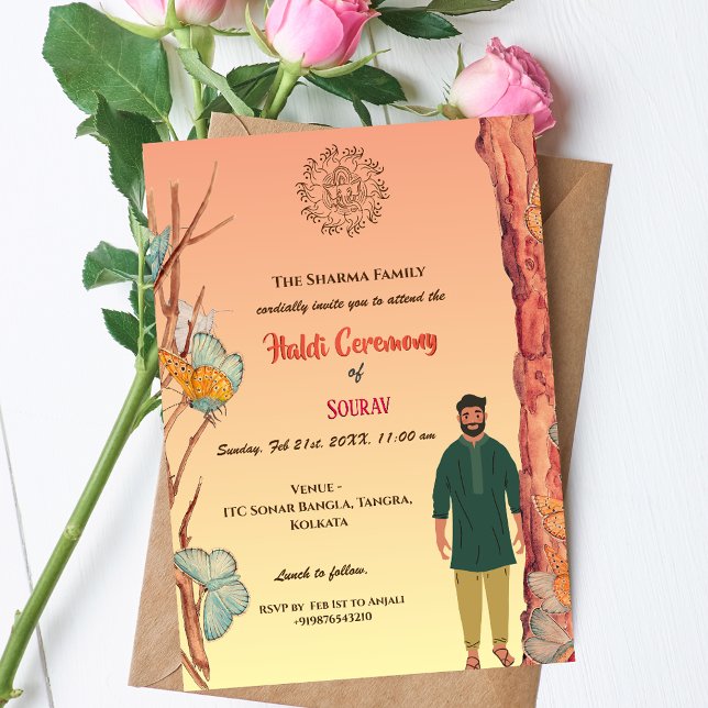 Indian Hindu Groom Haldi Ceremony Butterfly Inbjudningar (Skapare uppladdad)