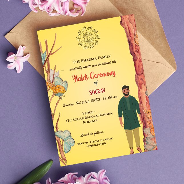 Indian Hindu Groom Haldi Ceremony Butterfly Inbjudningar (Skapare uppladdad)