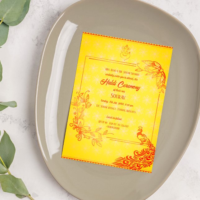 Indian Hindu Groom Haldi Ceremony Peacock Theme Inbjudningar (Skapare uppladdad)