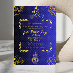Indian Hindu Houseuppvärmriha Pravesh Golden Inbjudningar