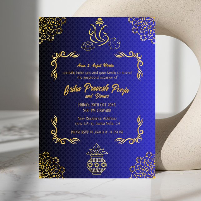 Indian Hindu Houseuppvärmriha Pravesh Golden Inbjudningar (Skapare uppladdad)