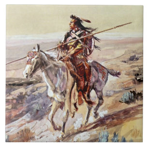 “Indian med spjut” Cowboy Art av Charles Russell Kakelplatta