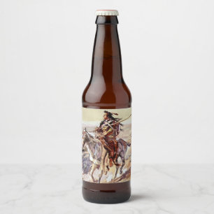 “Indian med spjut” Cowboy Art av Charles Russell Ölflaska Etikett
