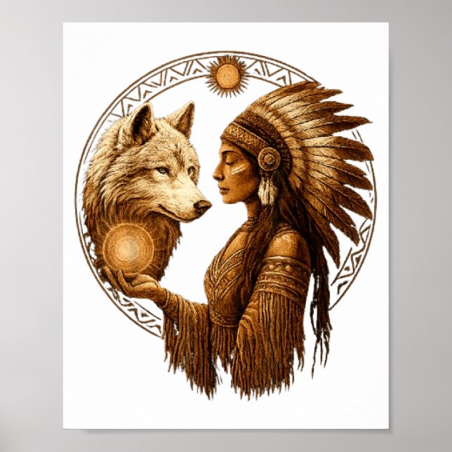Indian Native American Woman With White Wolf Vinta Poster (Framsidan)