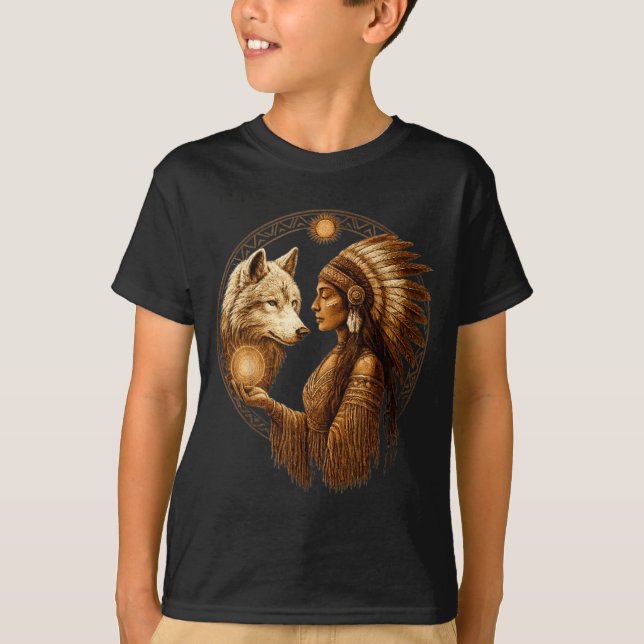 Indian Native American Woman With White Wolf Vinta T Shirt (Framsida)