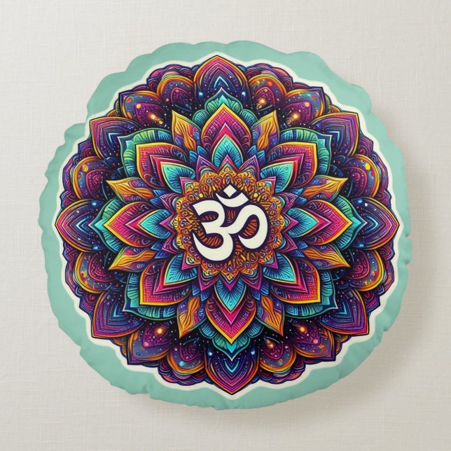 Indian Om Symbol in a beautiful mandala design Rund Kudde (Framsidan)
