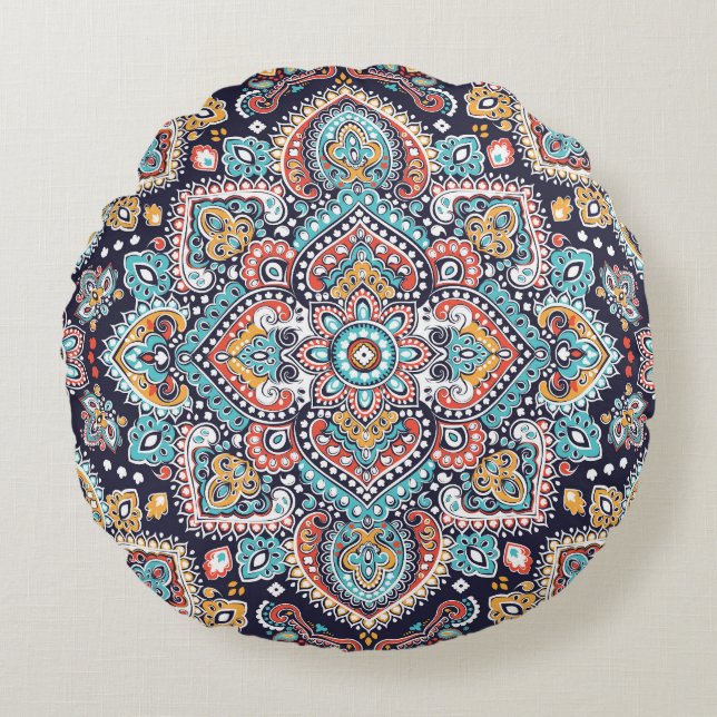 Indian Paisley: Ethnic Mandala Mönster Rund Kudde (Framsidan)