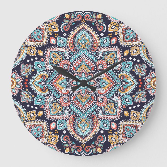 Indian Paisley: Ethnic Mandala Mönster Stor Klocka (Framsida)