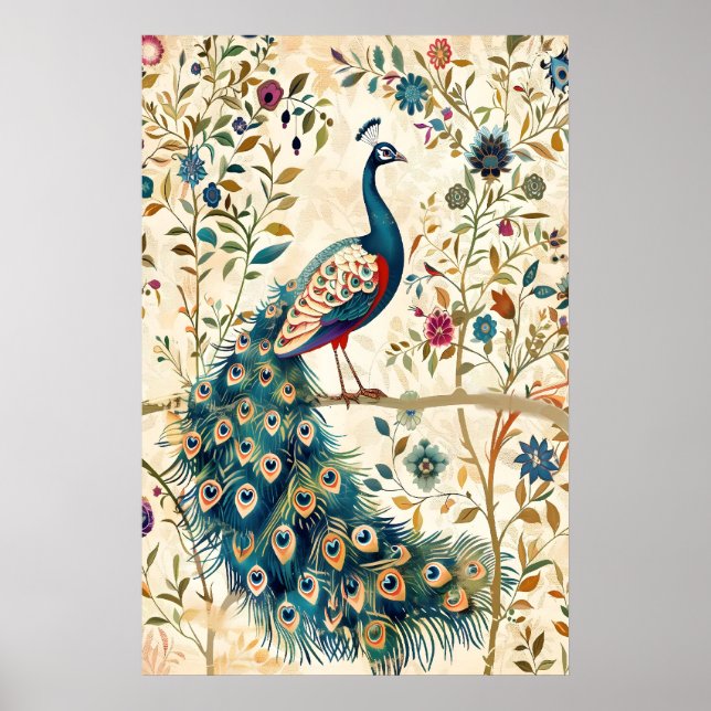 Indian Peacock Art Print Botanical Bird Poster (Framsidan)