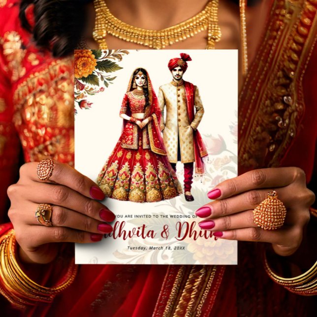 Indian Wedding with Traditional Bride & Groom Inbjudningar (Indian Wedding with Traditional Bride & Groom Invitation, Hindu Wedding Card)