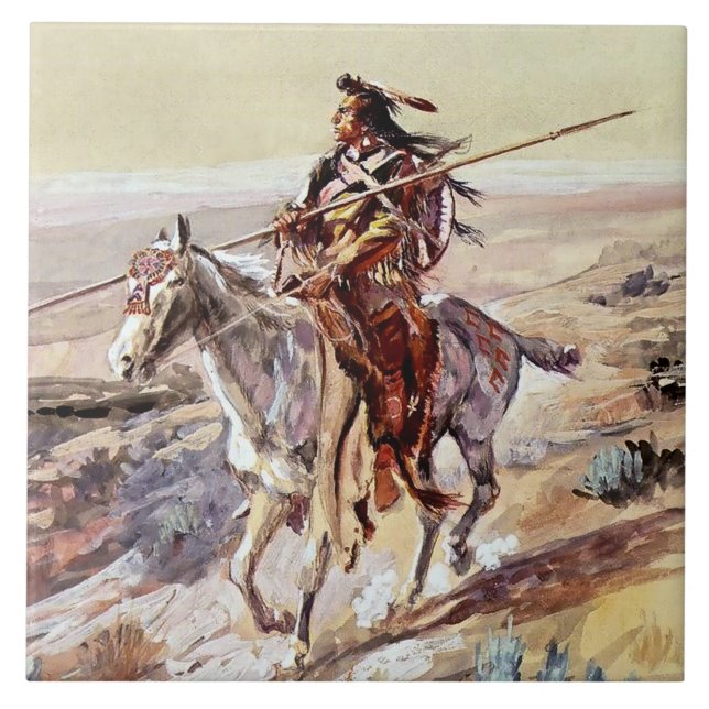 "Indian With Spear" Cowboy Art av Charles Russell Kakelplatta (Framsidan)