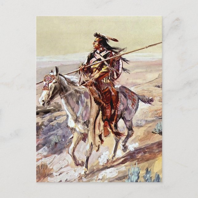 "Indian With Spear" Cowboy Art av Charles Russell Vykort (Framsida)