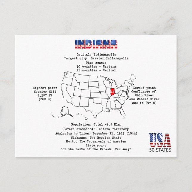 Indiana American State på karta och användbar info Helg Vykort (Framsida)