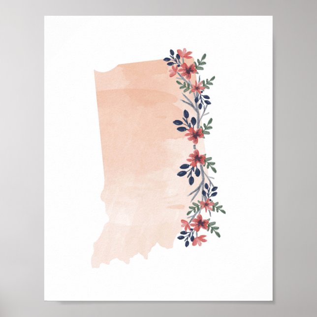 Indiana Blommigt Watercolor State Poster (Framsidan)