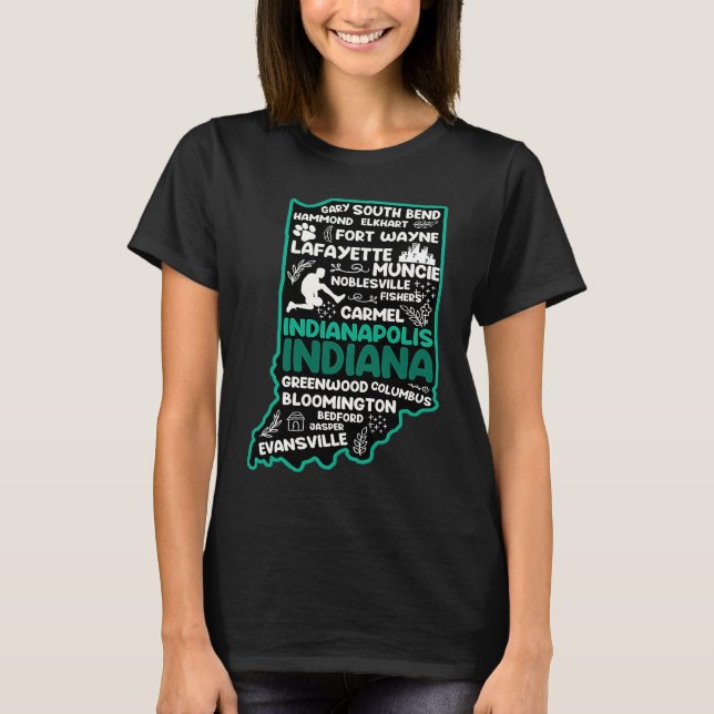 Indiana cute map Indianapolis Fort Wayne Evansvill T Shirt (Framsida)
