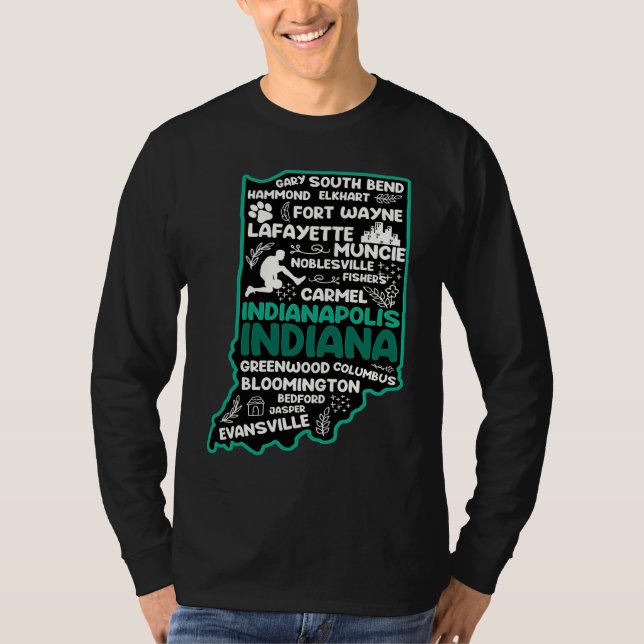 Indiana cute map Indianapolis Fort Wayne Evansvill T Shirt (Framsida)