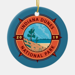 Indiana Dunes nationalpark Retro Compass Emblem Julgransprydnad Keramik