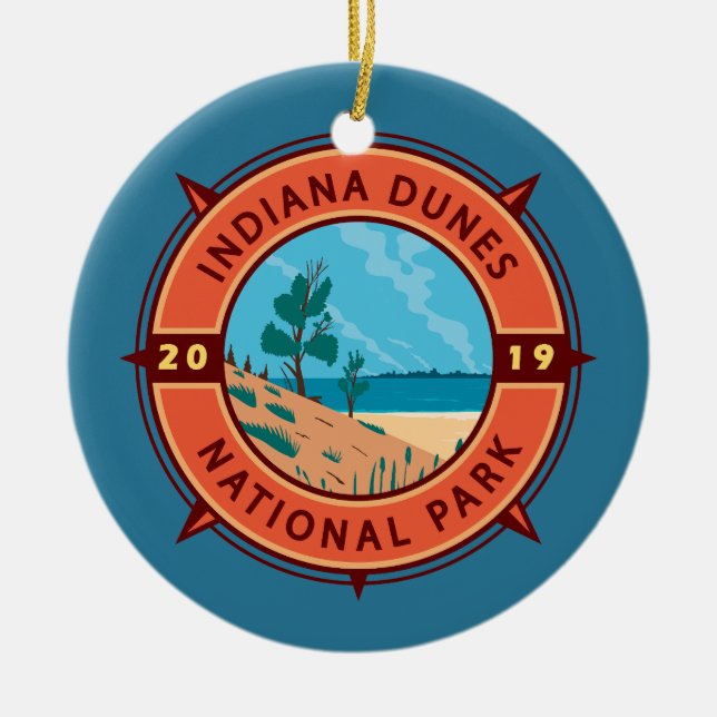 Indiana Dunes nationalpark Retro Compass Emblem Julgransprydnad Keramik (Framsidan)